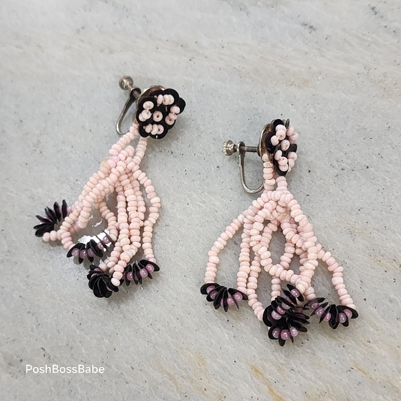 Vintage Pink Beaded Flower Dangle Earrings – 2" Screw Back - Picture 5 of 7